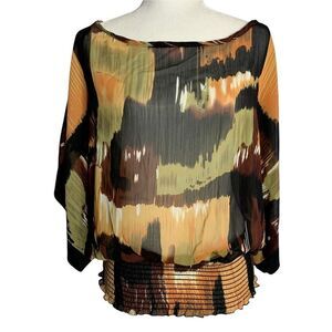 Vintage Y2K Kimono Dolman Sleeve Blouse M Brown Black Sheer Shirred Waist